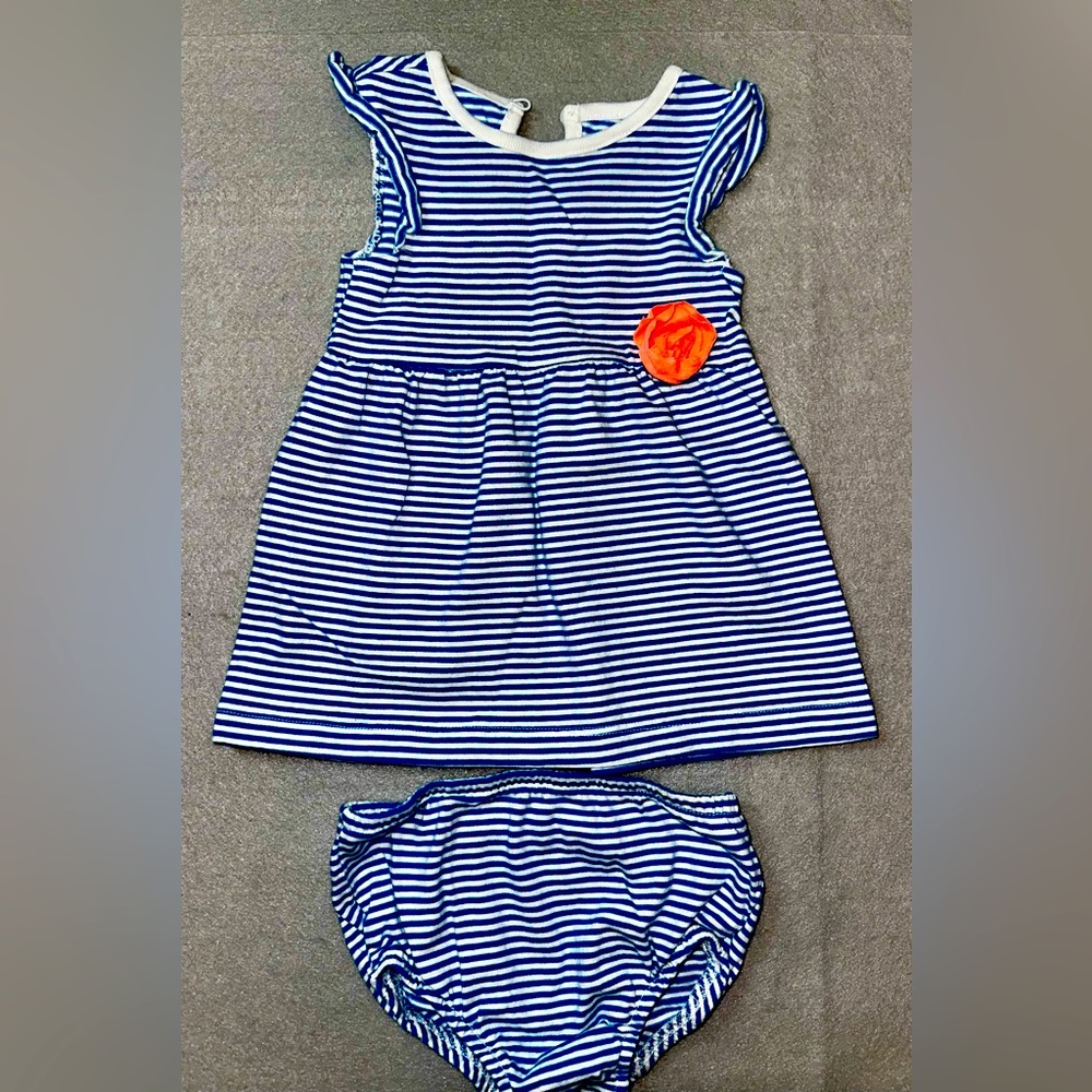 Circo Blue and White Striped Baby Girl Dress with Orange Flower “rose” Accent 9m